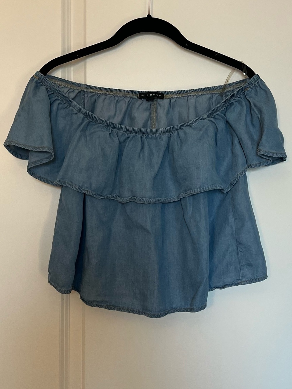 Off-Shoulder Chambray Ruffle Top